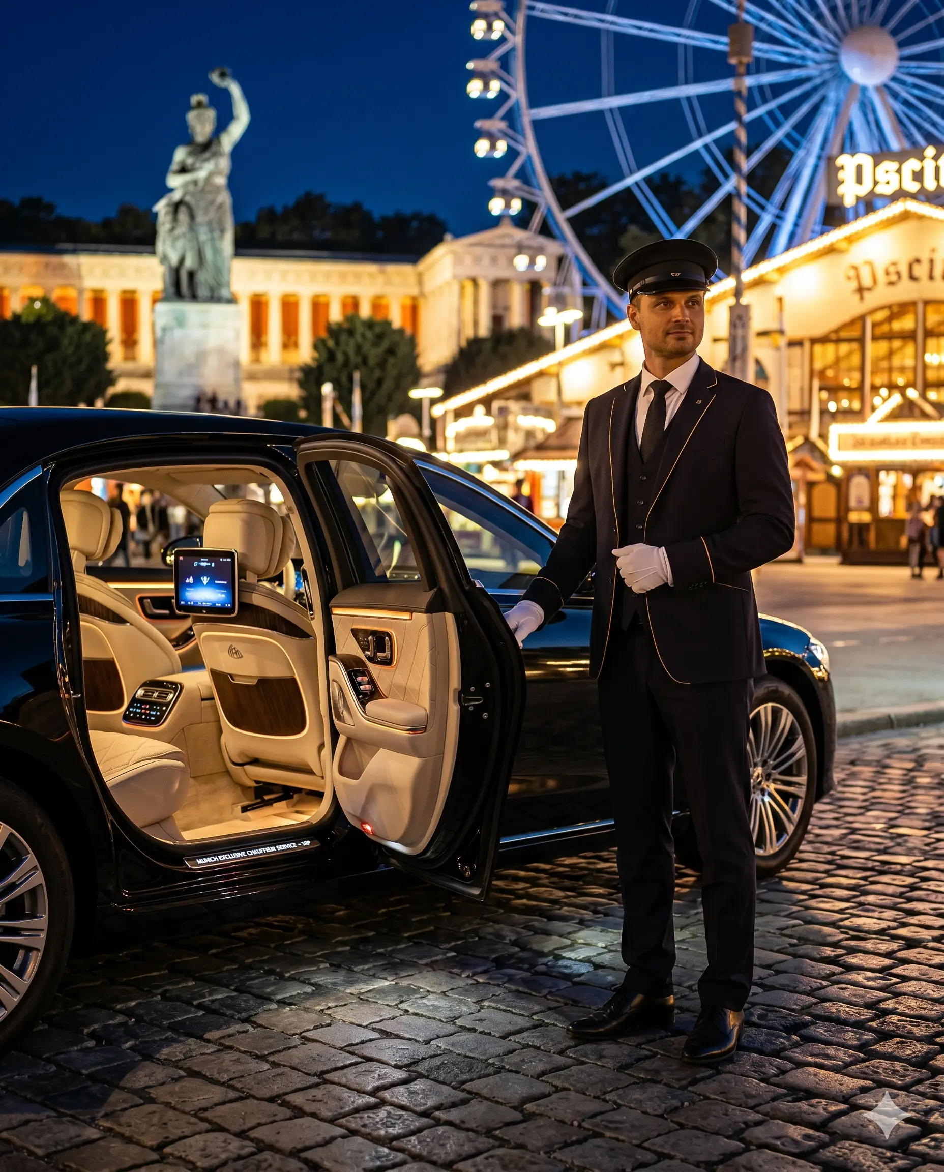 Chauffeur mit Limousine vor dem Oktoberfest München bei Nacht